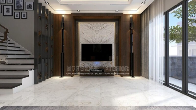 Bố trí phòng khách với đá ốp tường đối vân màu trắng kết hợp với gỗ ốp tường trang trí đẹp mắt, ấn tượng cho nhà phố, biệt thự cao cấp. Thiết kế nội thất