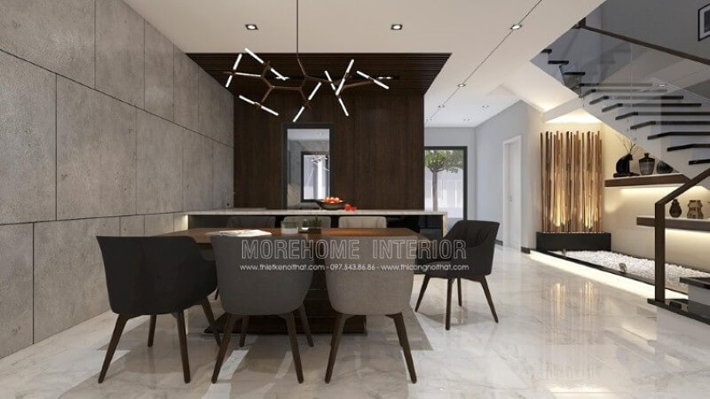 Thiết kế phòng ăn hiện đại độc đáo dành cho không gian rộng như nhà phố, biệt thự với ý tưởng bố trí mở phòng ăn liền kề phòng khách, phòng bếp. Thiết kế nội thất