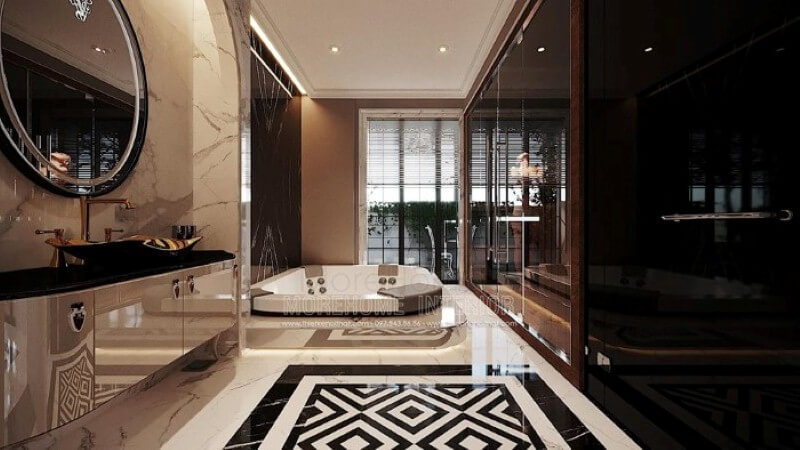 Đá ốp tường, sàn đẹp sang trọng tạo nét đẹp ấn tượng cho phòng tắm cao cấp. Thiết kế nội thất