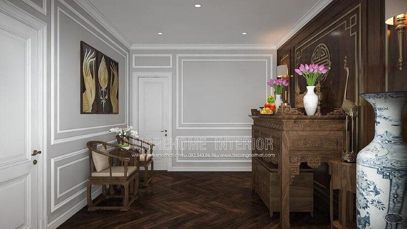 Bố trí nội thất phòng thờ hiện đại, đẹp từ tủ thờ, vách cnc, gỗ ốp, sàn, ghế gỗ óc chó cao cấp. Thiết kế nội thất