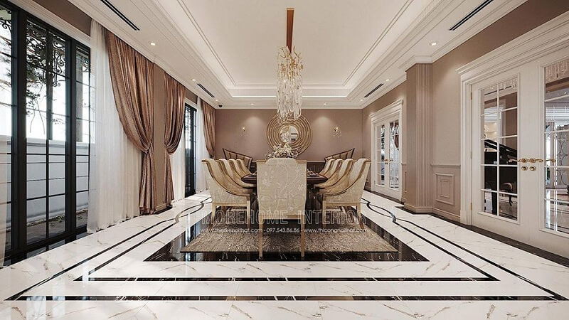 Thiết kế phòng ăn biệt thự ấn tượng với bộ bàn ăn tân cổ điển bọc nỉ tạo điểm nhấn nổi bật, cuốn hút mọi ánh nhìn thiết kế biệt thự