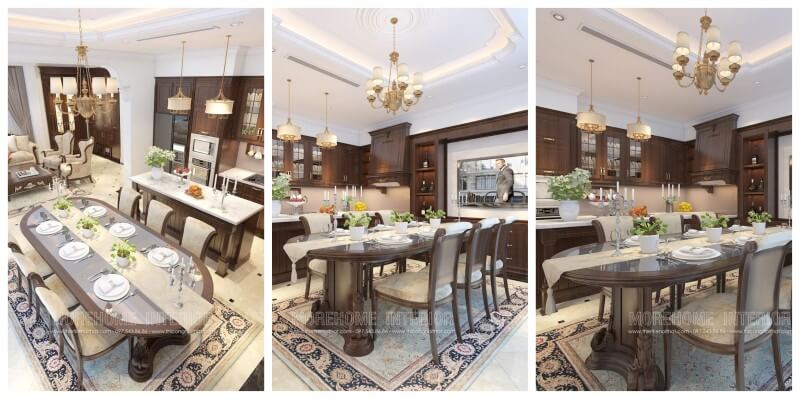 Thiết kế phòng ăn biệt thự đẳng cấp với bàn ăn gỗ óc chó nguyên tấm, ghế ăn gỗ óc chó bọc nỉ nhập khẩu cao cấp thiết kế biệt thự