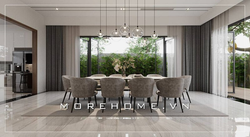 Mẫu thiết kế nội thất phòng ăn biệt thư với bộ bàn ghế ăn đẹp tạo điểm nhấn bật cho không gian căn nhà thiết kế biệt thự