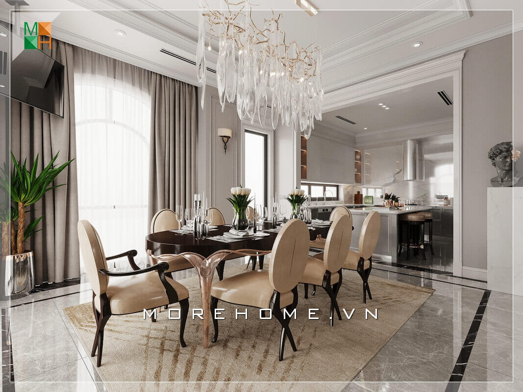 Thiết kế nội thất phòng bếp và phòng ăn đẹp theo phòng cách tân cổ điển cho biệt thự, nhà phố, chung cư cao cấp. thiết kế biệt thự
