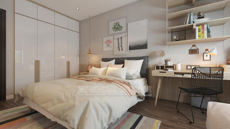 Bàn làm việc cùng kệ trang trí gỗ sồi tone sáng tạo nên góc học tập, làm việc hiện đại, trẻ trung cho phòng ngủ nữ. thiết kế biệt thự