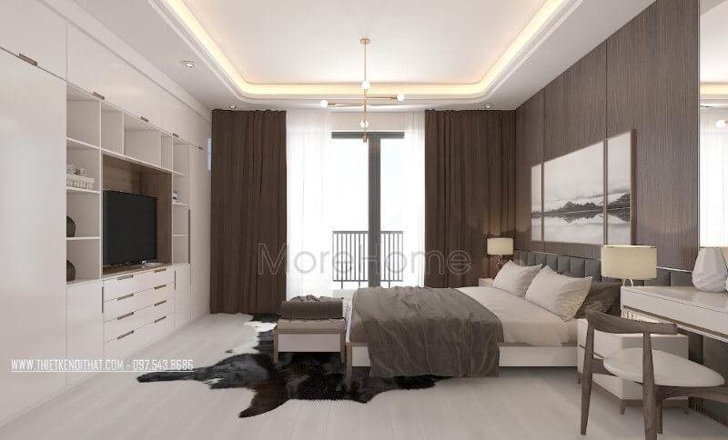 Bố trí nội thất phòng ngủ master hiện đại đẹp và thông thoáng với cửa kính chiếm trọn mảng tường để bạn có thể tận hưởng cảm giác tuyệt vời từ thiên nhiên. thiết kế biệt thự