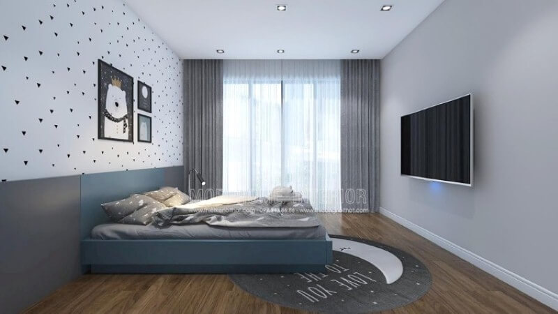 Ý tưởng sắp xếp phòng bé đơn giản với cửa lớn cùng rèm 2 lớp giúp phòng bé luôn tràn trề sinh khí nhưng vẫn giảm thiểu tối đa sức nóng ngày hè oi ả. thiết kế biệt thự