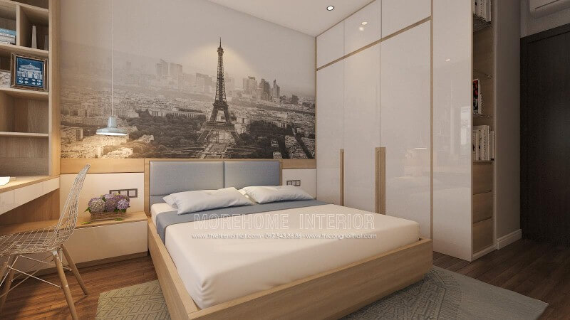 Giường bọc nệm hiện đại, tủ quần áo gỗ công nghiệp tối giản, đèn thả cùng tab đầu giường làm kệ đã tạo nên ý tưởng trang trí nội thất phòng ngủ đẹp, hiện đại nhưng đầy tiện ghi. thiết kế biệt thự