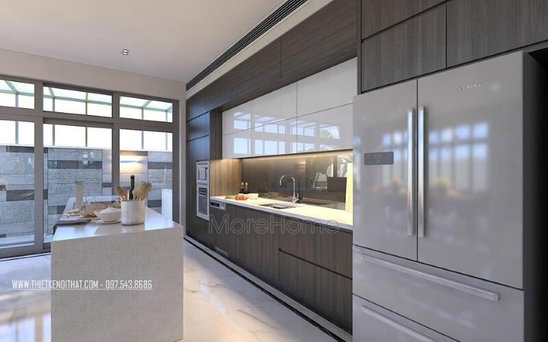 Trang trí nội thất phòng bếp hiện đại, sang trọng từ tủ bếp gỗ công nghiệp acrylic đồng màu cùng đá ốp cao cấp. thiết kế biệt thự